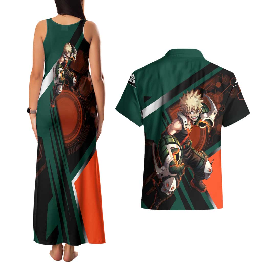 Katsuki Bakugo Couples Matching Tank Maxi Dress and Hawaiian Shirt Explosive Anime Action Illustration with Fiery Combat Effects