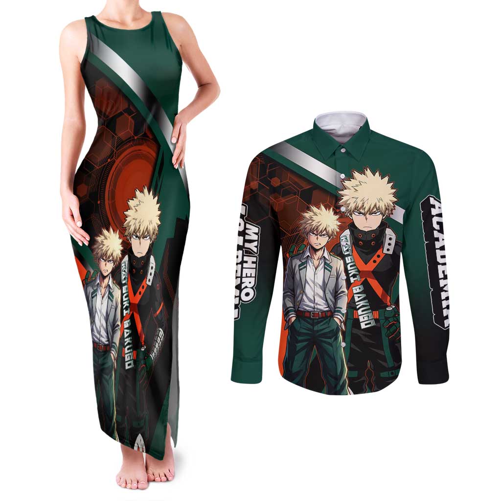 Katsuki Bakugo Couples Matching Tank Maxi Dress and Long Sleeve Button Shirt Explosive Anime Action Illustration with Fiery Combat Effects