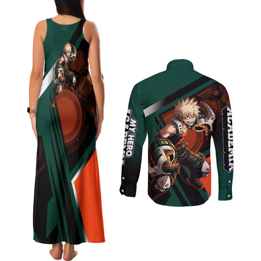Katsuki Bakugo Couples Matching Tank Maxi Dress and Long Sleeve Button Shirt Explosive Anime Action Illustration with Fiery Combat Effects