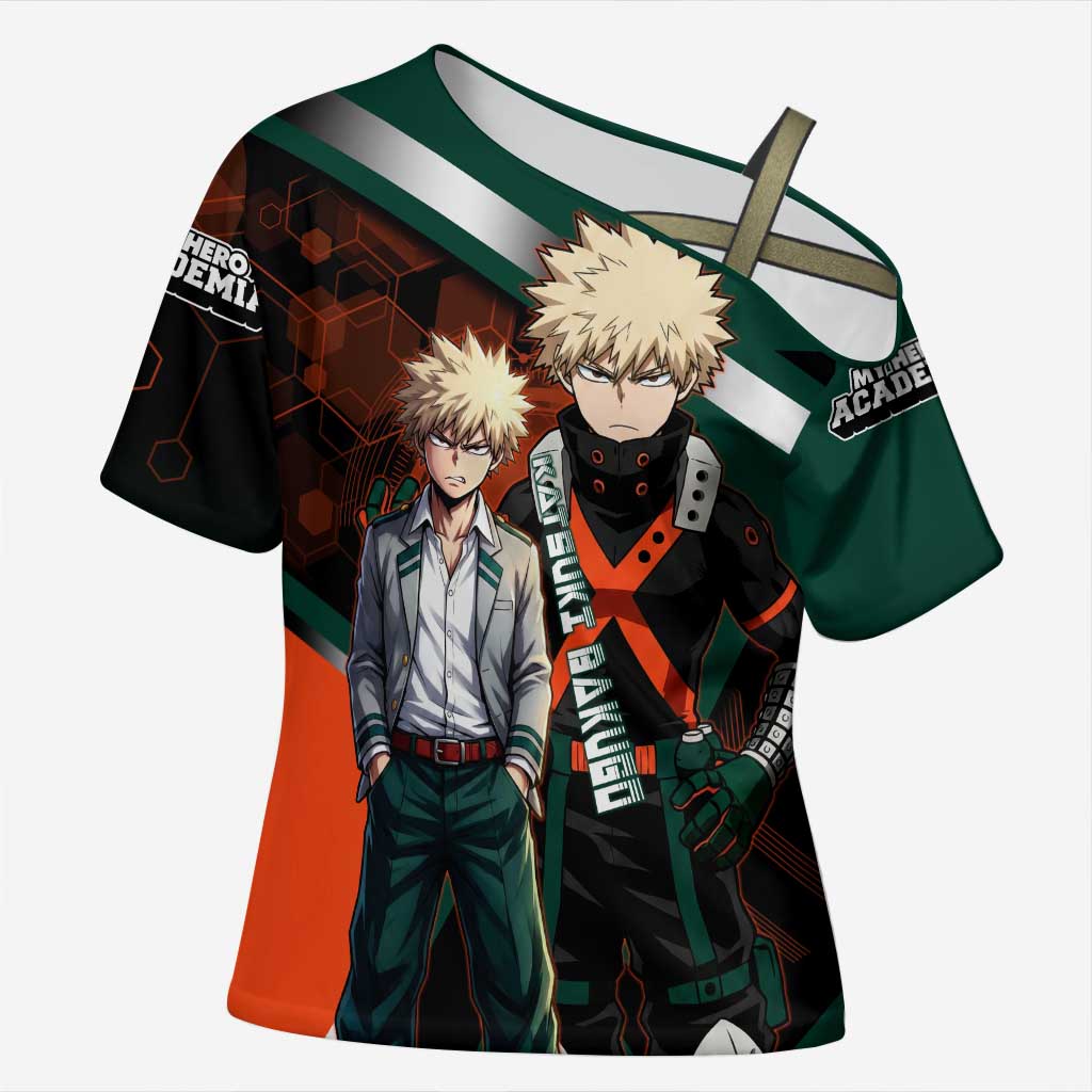 Katsuki Bakugo Cross Shoulder Shirt Explosive Anime Action Illustration with Fiery Combat Effects