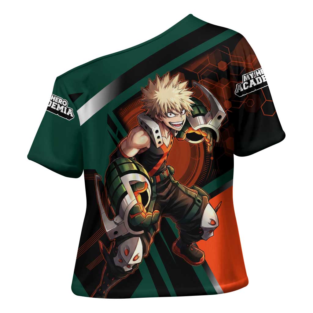 Katsuki Bakugo Cross Shoulder Shirt Explosive Anime Action Illustration with Fiery Combat Effects