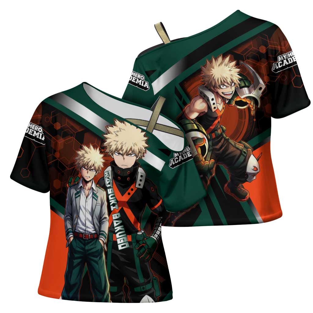 Katsuki Bakugo Cross Shoulder Shirt Explosive Anime Action Illustration with Fiery Combat Effects
