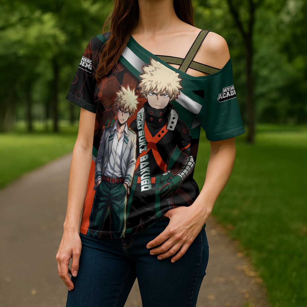 Katsuki Bakugo Cross Shoulder Shirt Explosive Anime Action Illustration with Fiery Combat Effects