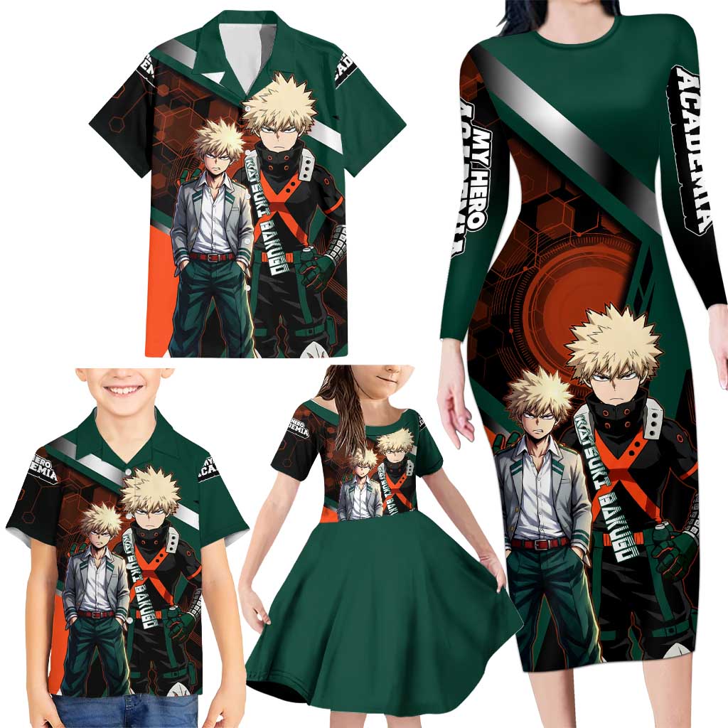 Katsuki Bakugo Family Matching Long Sleeve Bodycon Dress and Hawaiian Shirt Explosive Anime Action Illustration with Fiery Combat Effects