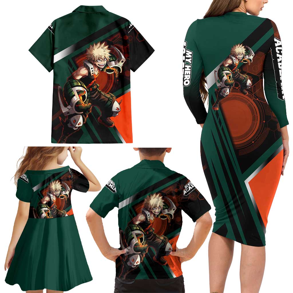 Katsuki Bakugo Family Matching Long Sleeve Bodycon Dress and Hawaiian Shirt Explosive Anime Action Illustration with Fiery Combat Effects