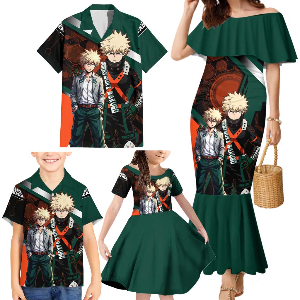 Katsuki Bakugo Family Matching Mermaid Dress and Hawaiian Shirt Explosive Anime Action Illustration with Fiery Combat Effects