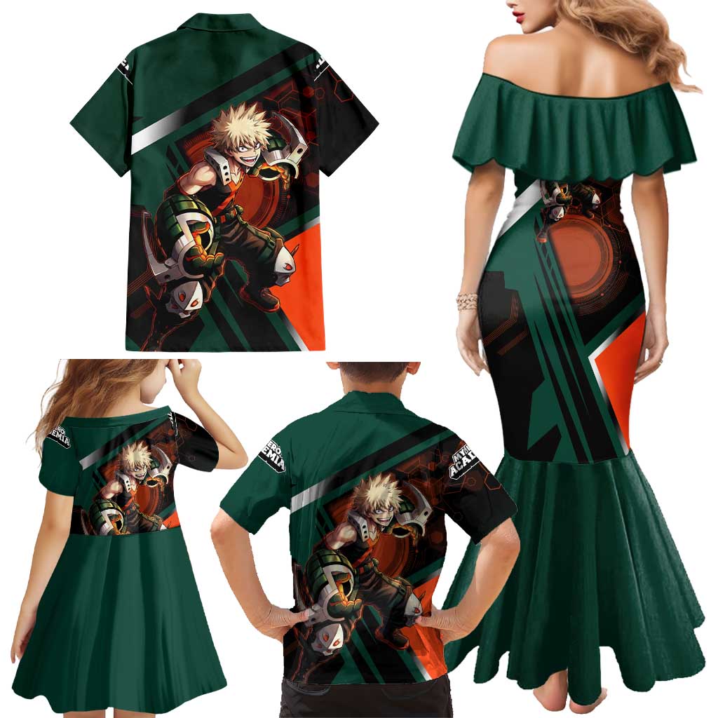 Katsuki Bakugo Family Matching Mermaid Dress and Hawaiian Shirt Explosive Anime Action Illustration with Fiery Combat Effects