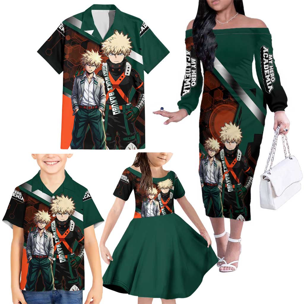 Katsuki Bakugo Family Matching Off The Shoulder Long Sleeve Dress and Hawaiian Shirt Explosive Anime Action Illustration with Fiery Combat Effects