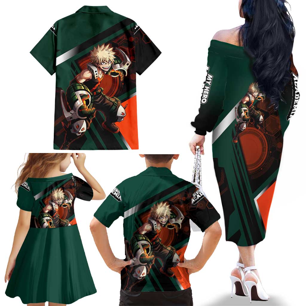 Katsuki Bakugo Family Matching Off The Shoulder Long Sleeve Dress and Hawaiian Shirt Explosive Anime Action Illustration with Fiery Combat Effects