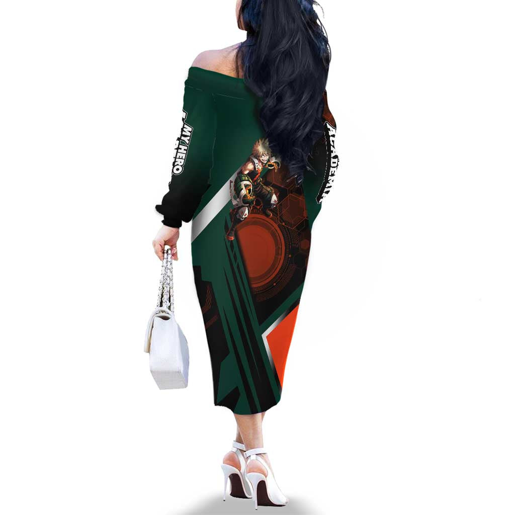 Katsuki Bakugo Family Matching Off The Shoulder Long Sleeve Dress and Hawaiian Shirt Explosive Anime Action Illustration with Fiery Combat Effects