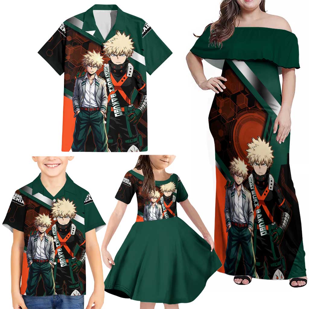 Katsuki Bakugo Family Matching Off Shoulder Maxi Dress and Hawaiian Shirt Explosive Anime Action Illustration with Fiery Combat Effects