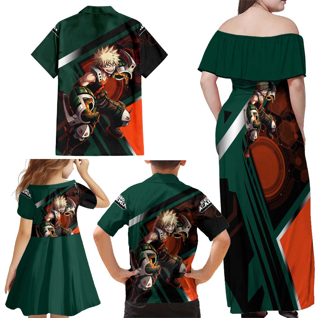 Katsuki Bakugo Family Matching Off Shoulder Maxi Dress and Hawaiian Shirt Explosive Anime Action Illustration with Fiery Combat Effects