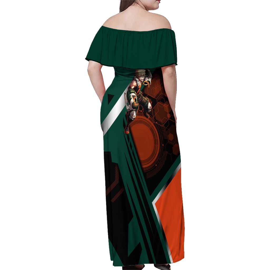 Katsuki Bakugo Family Matching Off Shoulder Maxi Dress and Hawaiian Shirt Explosive Anime Action Illustration with Fiery Combat Effects