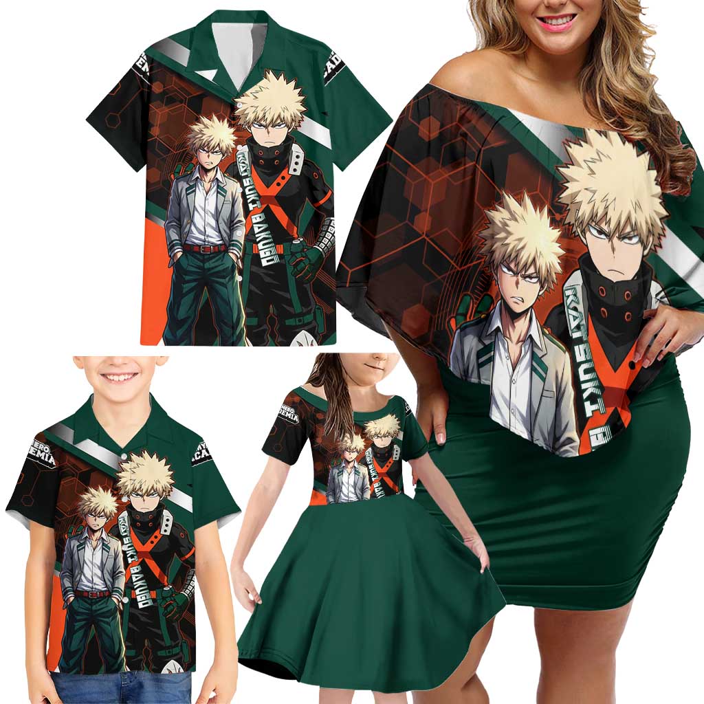 Katsuki Bakugo Family Matching Off Shoulder Short Dress and Hawaiian Shirt Explosive Anime Action Illustration with Fiery Combat Effects
