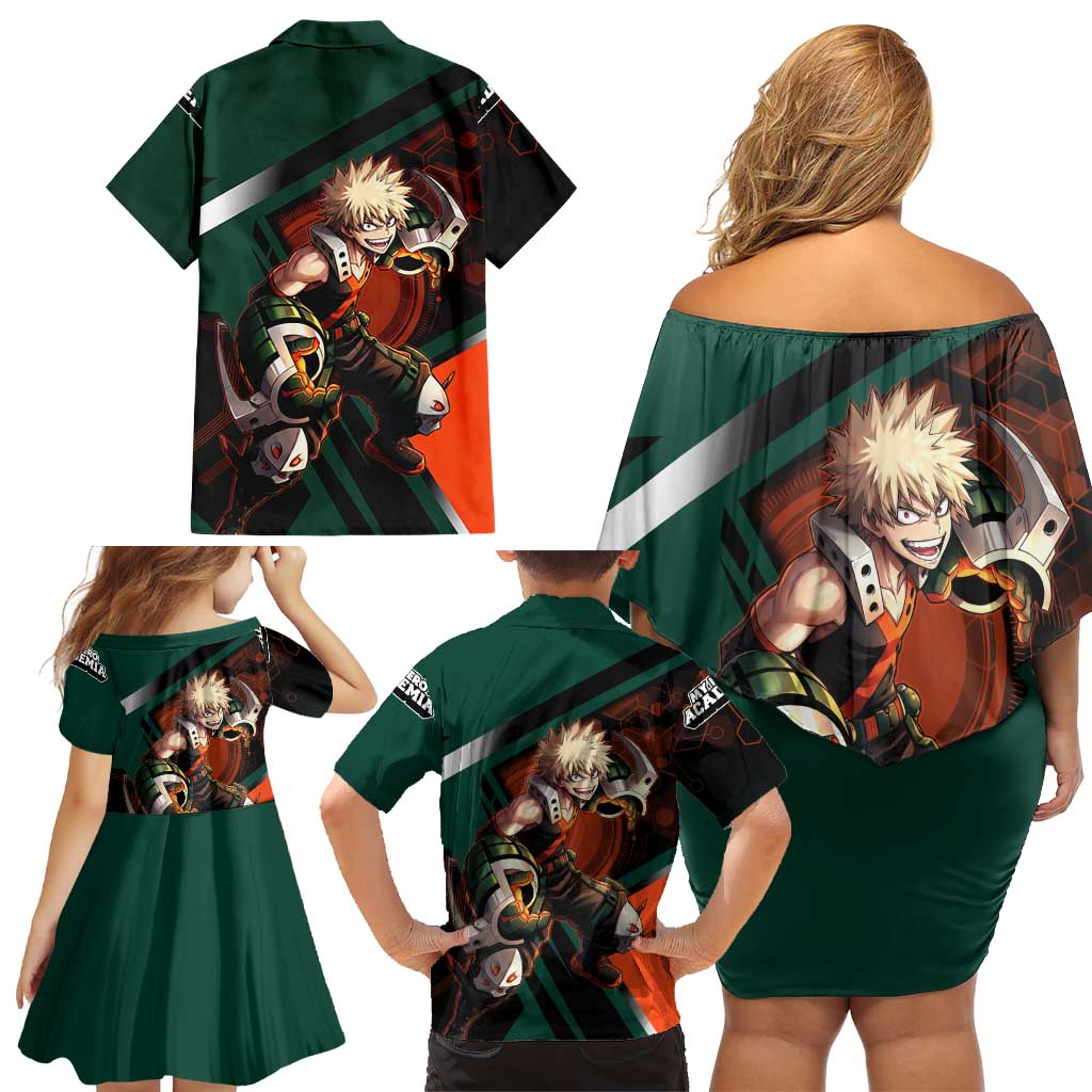 Katsuki Bakugo Family Matching Off Shoulder Short Dress and Hawaiian Shirt Explosive Anime Action Illustration with Fiery Combat Effects