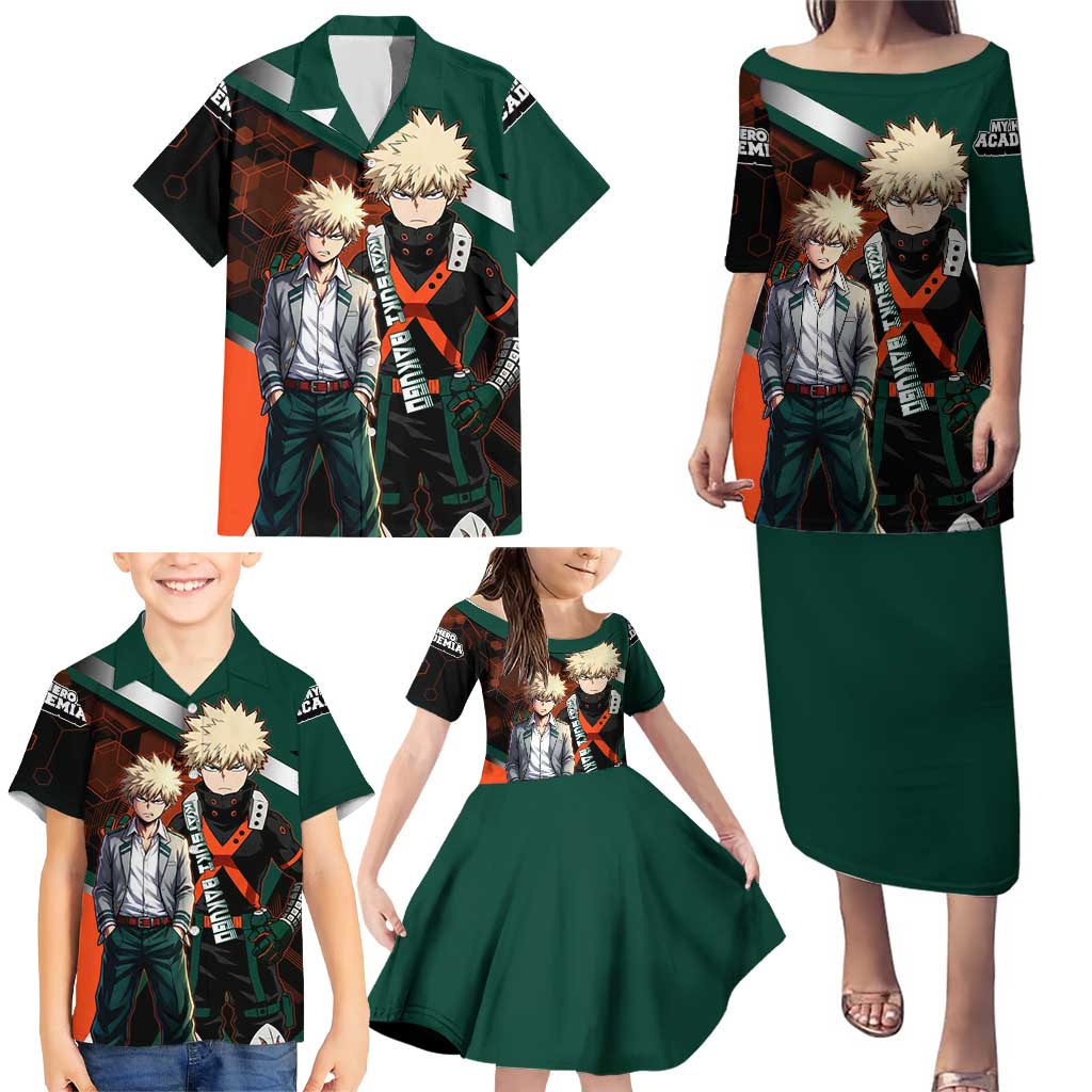 Katsuki Bakugo Family Matching Puletasi and Hawaiian Shirt Explosive Anime Action Illustration with Fiery Combat Effects