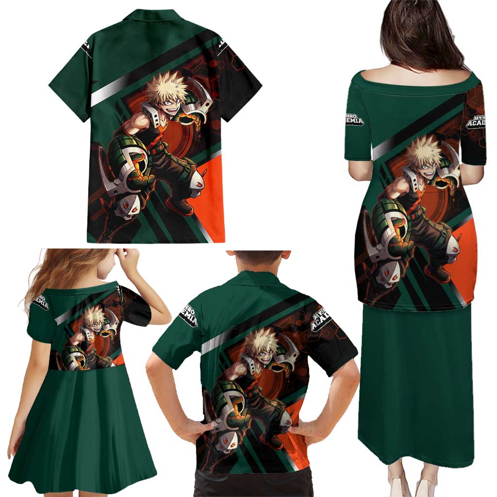 Katsuki Bakugo Family Matching Puletasi and Hawaiian Shirt Explosive Anime Action Illustration with Fiery Combat Effects