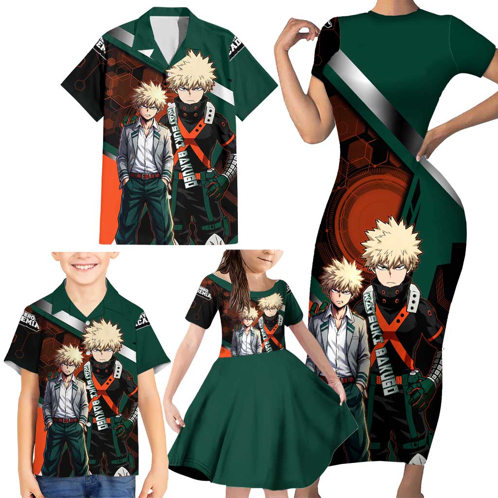Katsuki Bakugo Family Matching Short Sleeve Bodycon Dress and Hawaiian Shirt Explosive Anime Action Illustration with Fiery Combat Effects