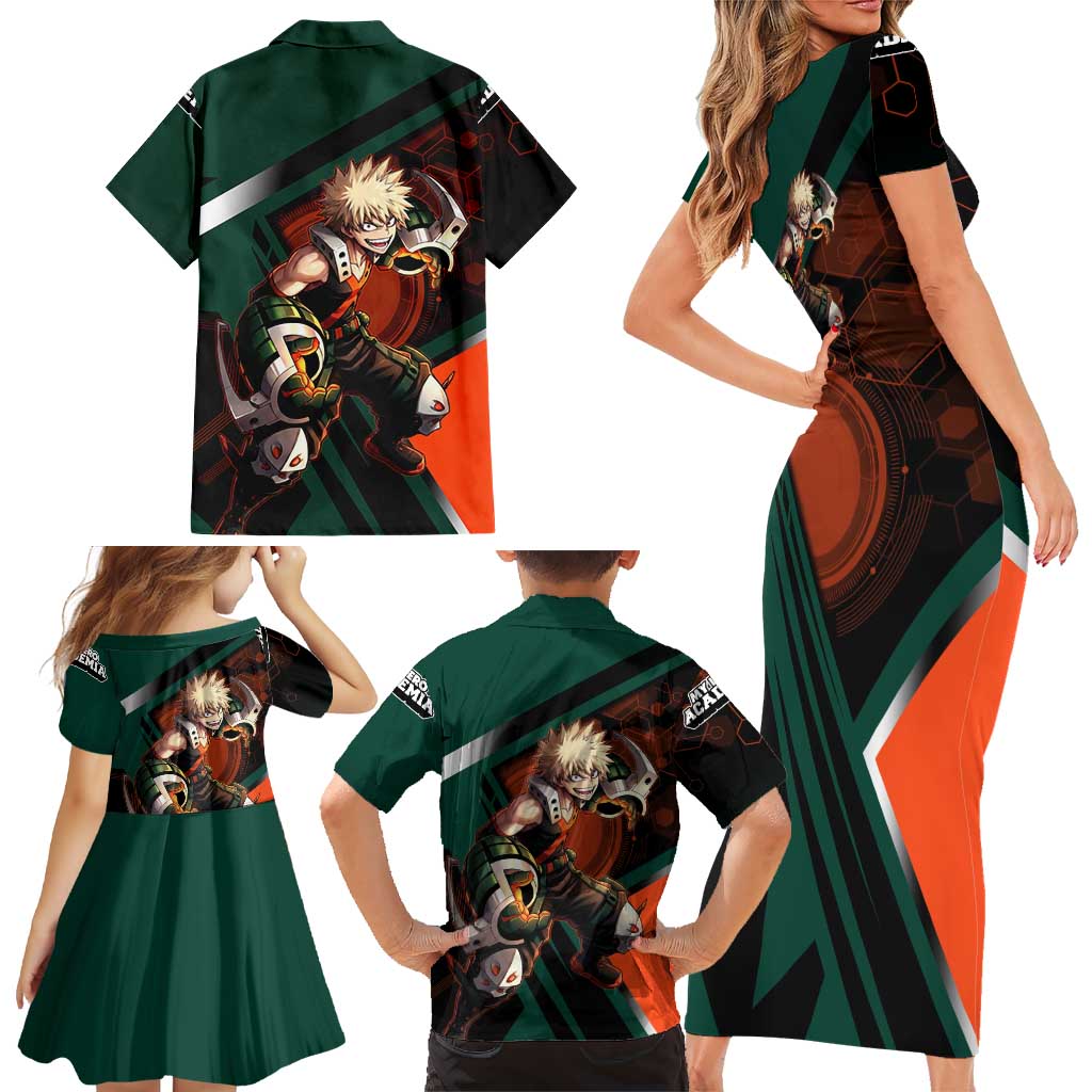 Katsuki Bakugo Family Matching Short Sleeve Bodycon Dress and Hawaiian Shirt Explosive Anime Action Illustration with Fiery Combat Effects