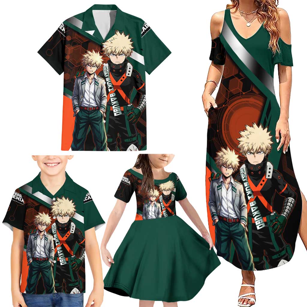 Katsuki Bakugo Family Matching Summer Maxi Dress and Hawaiian Shirt Explosive Anime Action Illustration with Fiery Combat Effects