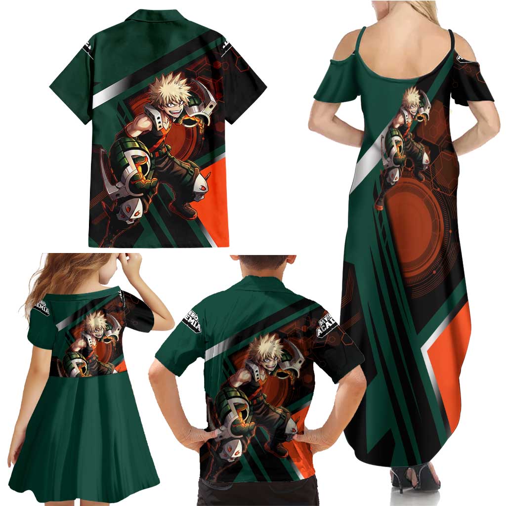 Katsuki Bakugo Family Matching Summer Maxi Dress and Hawaiian Shirt Explosive Anime Action Illustration with Fiery Combat Effects