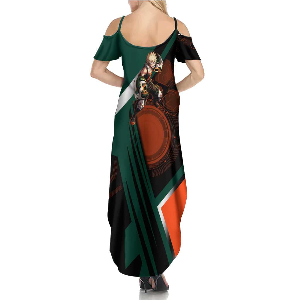 Katsuki Bakugo Family Matching Summer Maxi Dress and Hawaiian Shirt Explosive Anime Action Illustration with Fiery Combat Effects
