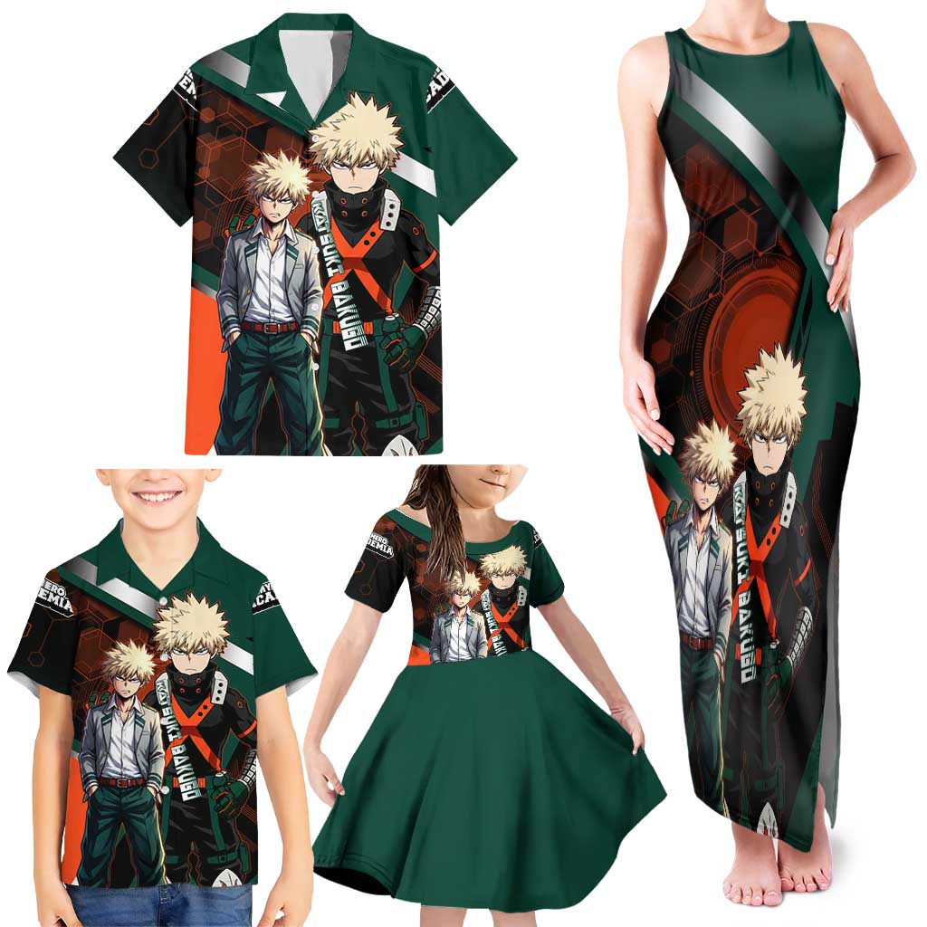 Katsuki Bakugo Family Matching Tank Maxi Dress and Hawaiian Shirt Explosive Anime Action Illustration with Fiery Combat Effects