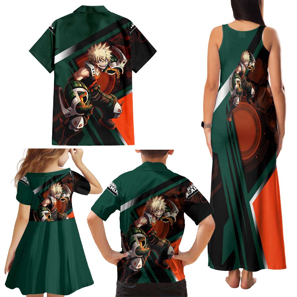 Katsuki Bakugo Family Matching Tank Maxi Dress and Hawaiian Shirt Explosive Anime Action Illustration with Fiery Combat Effects