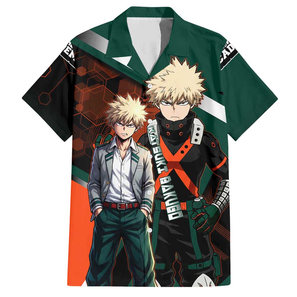 Katsuki Bakugo Hawaiian Shirt Explosive Anime Action Illustration with Fiery Combat Effects