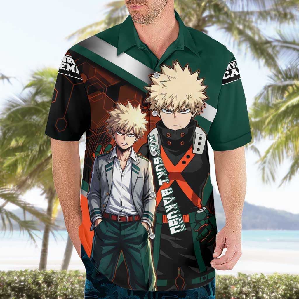 Katsuki Bakugo Hawaiian Shirt Explosive Anime Action Illustration with Fiery Combat Effects