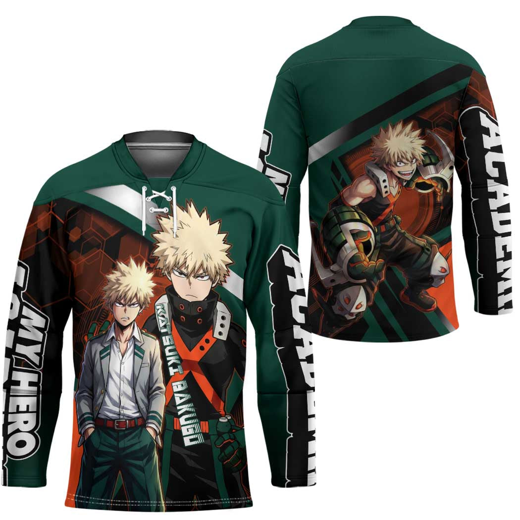 Katsuki Bakugo Hockey Jersey Explosive Anime Action Illustration with Fiery Combat Effects