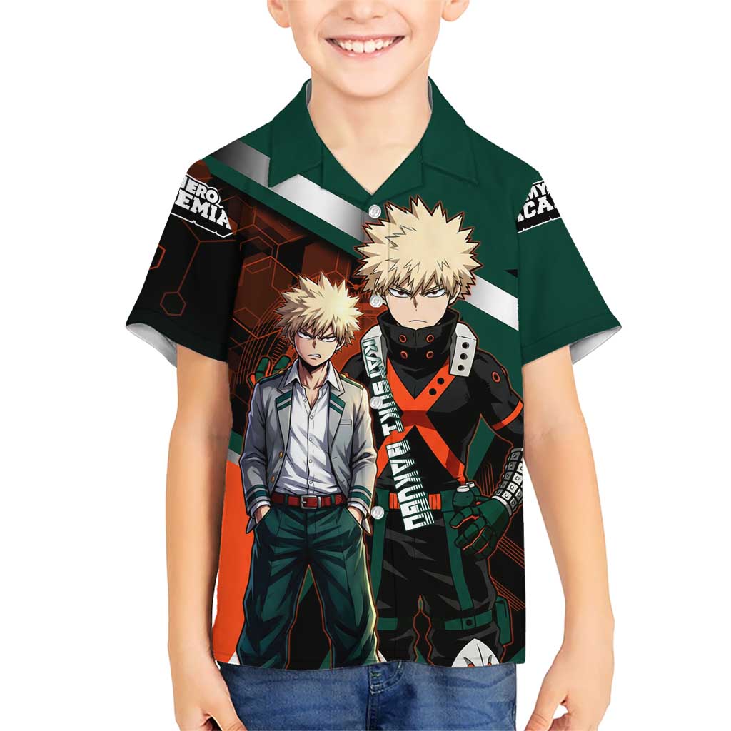 Katsuki Bakugo Kid Hawaiian Shirt Explosive Anime Action Illustration with Fiery Combat Effects