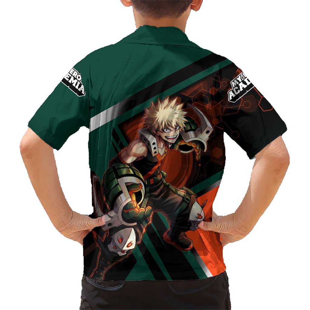 Katsuki Bakugo Kid Hawaiian Shirt Explosive Anime Action Illustration with Fiery Combat Effects