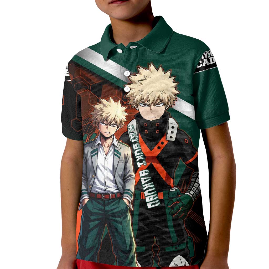 Katsuki Bakugo Kid Polo Shirt Explosive Anime Action Illustration with Fiery Combat Effects