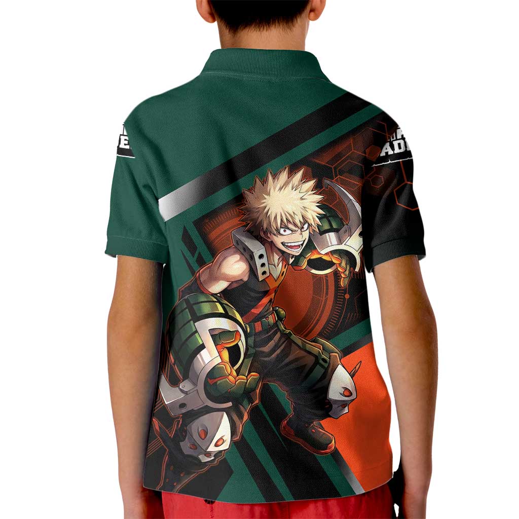 Katsuki Bakugo Kid Polo Shirt Explosive Anime Action Illustration with Fiery Combat Effects