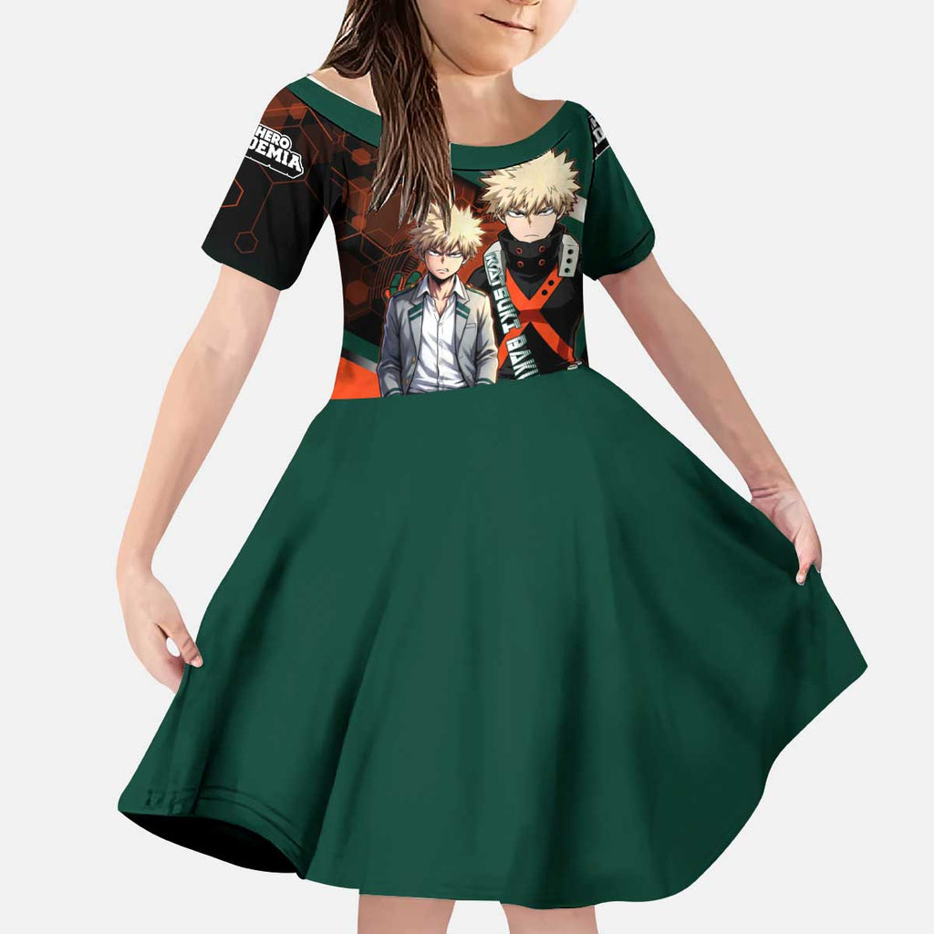Katsuki Bakugo Kid Short Sleeve Dress Explosive Anime Action Illustration with Fiery Combat Effects