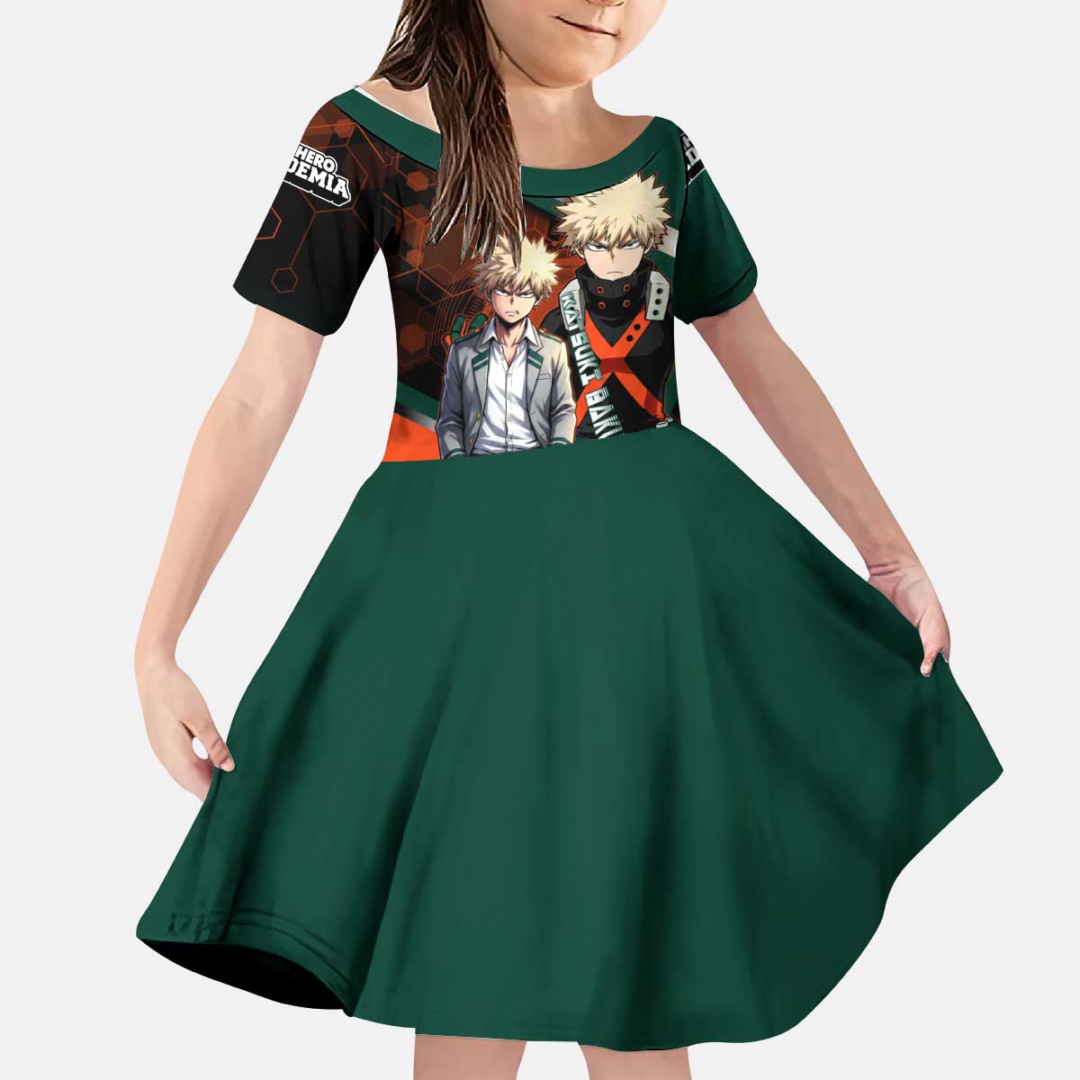 Katsuki Bakugo Kid Short Sleeve Dress Explosive Anime Action Illustration with Fiery Combat Effects
