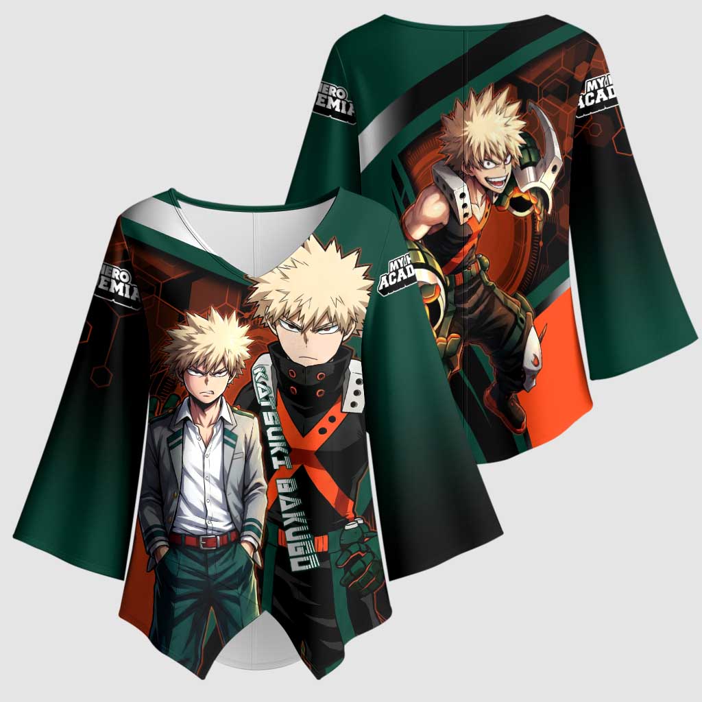 Katsuki Bakugo Kimono Sleeve Blouse Explosive Anime Action Illustration with Fiery Combat Effects