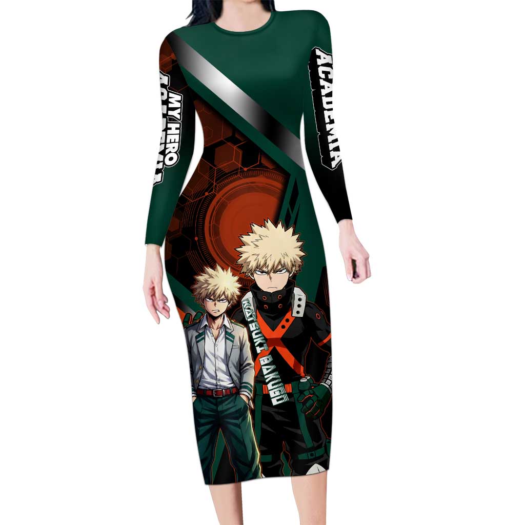 Katsuki Bakugo Long Sleeve Bodycon Dress Explosive Anime Action Illustration with Fiery Combat Effects
