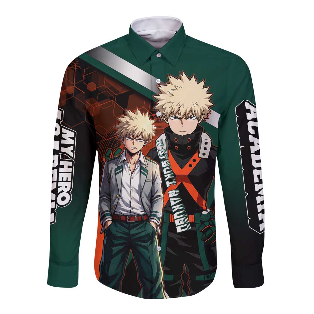 Katsuki Bakugo Long Sleeve Button Shirt Explosive Anime Action Illustration with Fiery Combat Effects