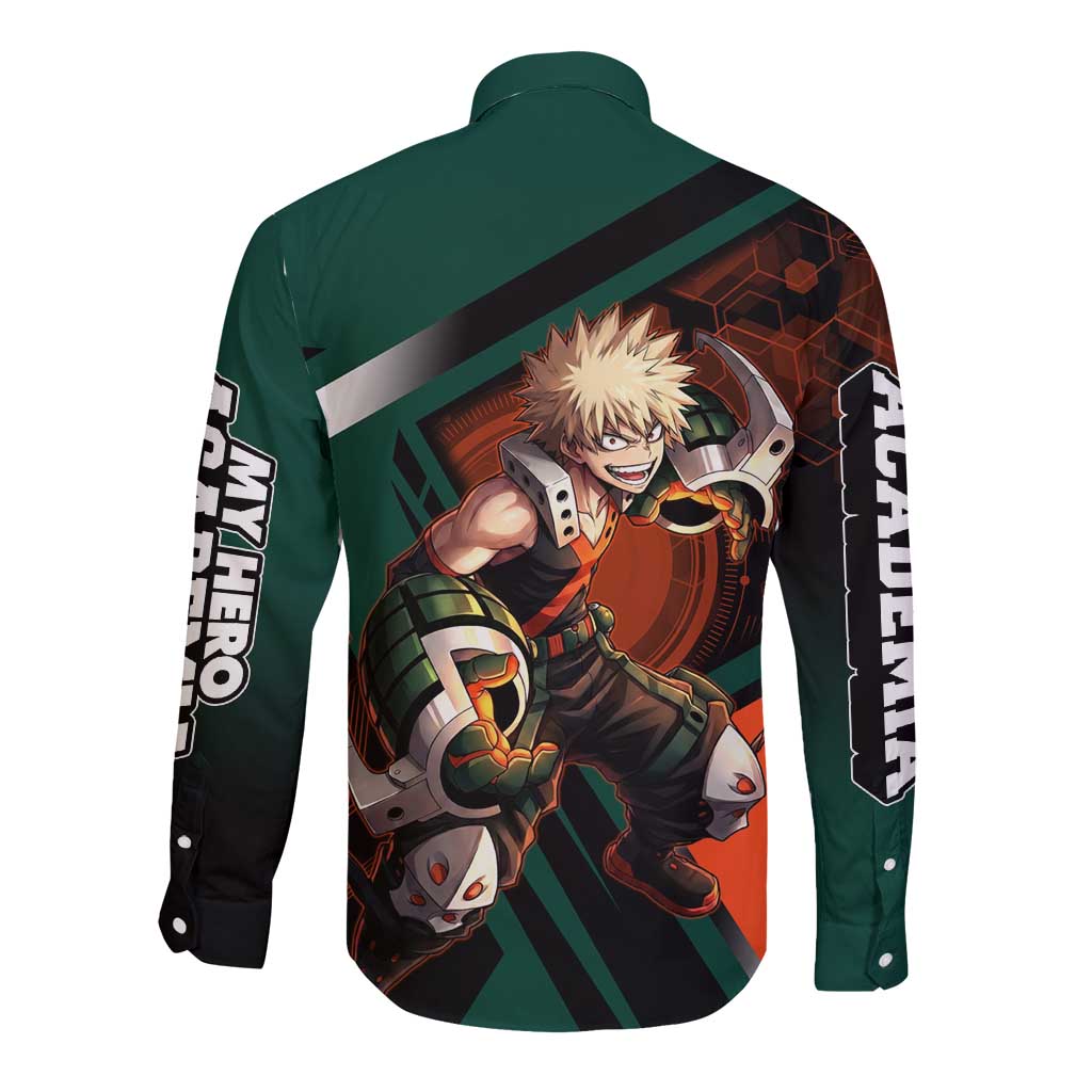 Katsuki Bakugo Long Sleeve Button Shirt Explosive Anime Action Illustration with Fiery Combat Effects