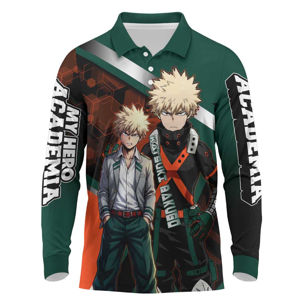 Katsuki Bakugo Long Sleeve Polo Shirt Explosive Anime Action Illustration with Fiery Combat Effects