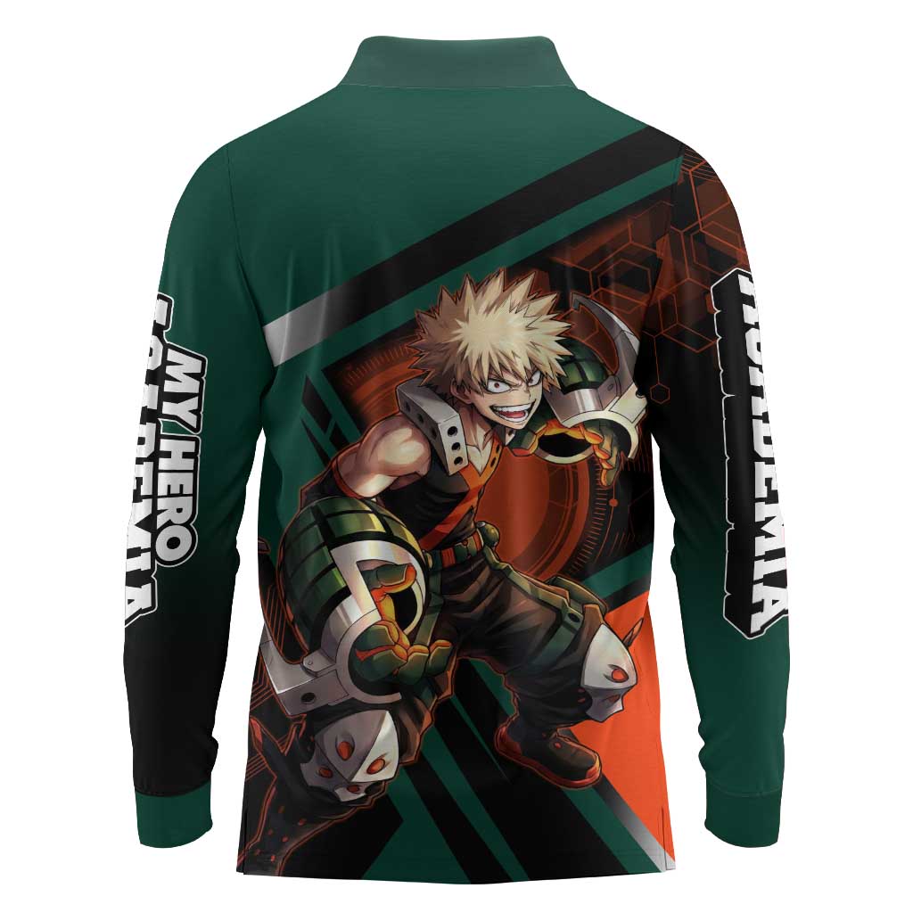 Katsuki Bakugo Long Sleeve Polo Shirt Explosive Anime Action Illustration with Fiery Combat Effects