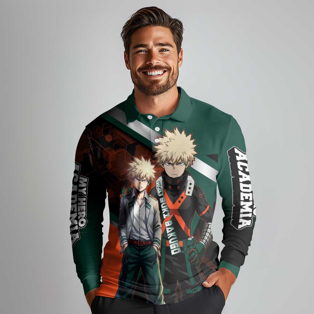 Katsuki Bakugo Long Sleeve Polo Shirt Explosive Anime Action Illustration with Fiery Combat Effects