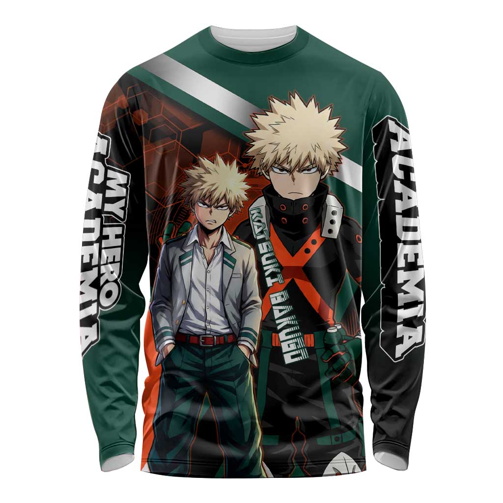 Katsuki Bakugo Long Sleeve Shirt Explosive Anime Action Illustration with Fiery Combat Effects