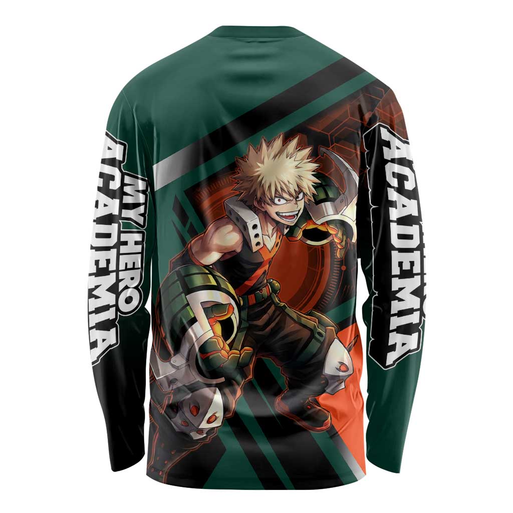 Katsuki Bakugo Long Sleeve Shirt Explosive Anime Action Illustration with Fiery Combat Effects