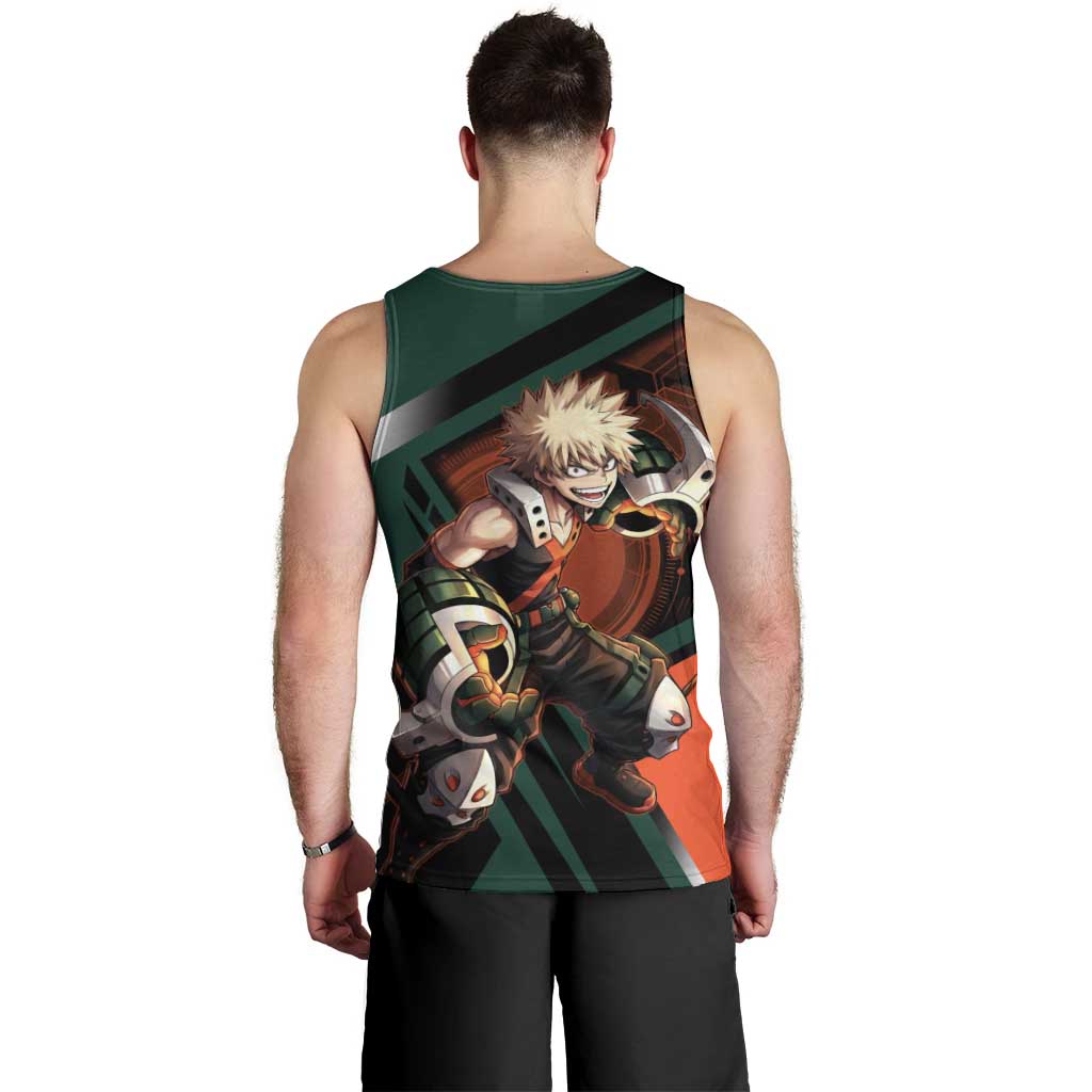 Katsuki Bakugo Men Tank Top Explosive Anime Action Illustration with Fiery Combat Effects