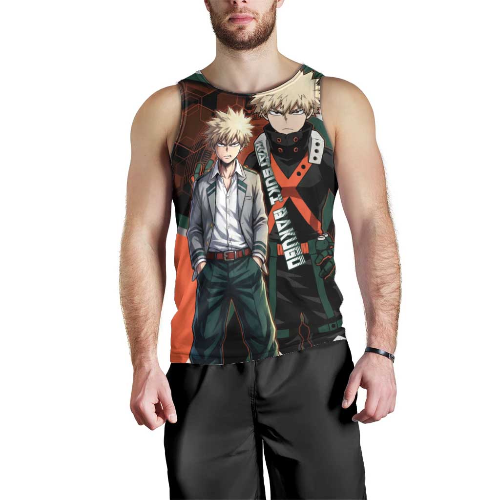 Katsuki Bakugo Men Tank Top Explosive Anime Action Illustration with Fiery Combat Effects