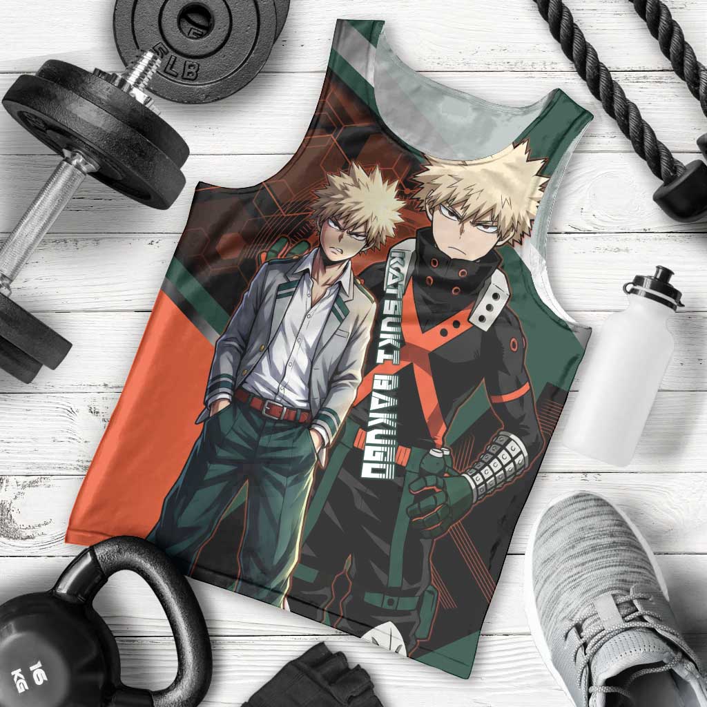 Katsuki Bakugo Men Tank Top Explosive Anime Action Illustration with Fiery Combat Effects