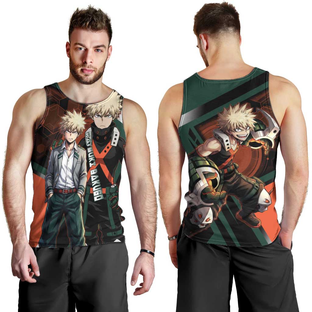 Katsuki Bakugo Men Tank Top Explosive Anime Action Illustration with Fiery Combat Effects